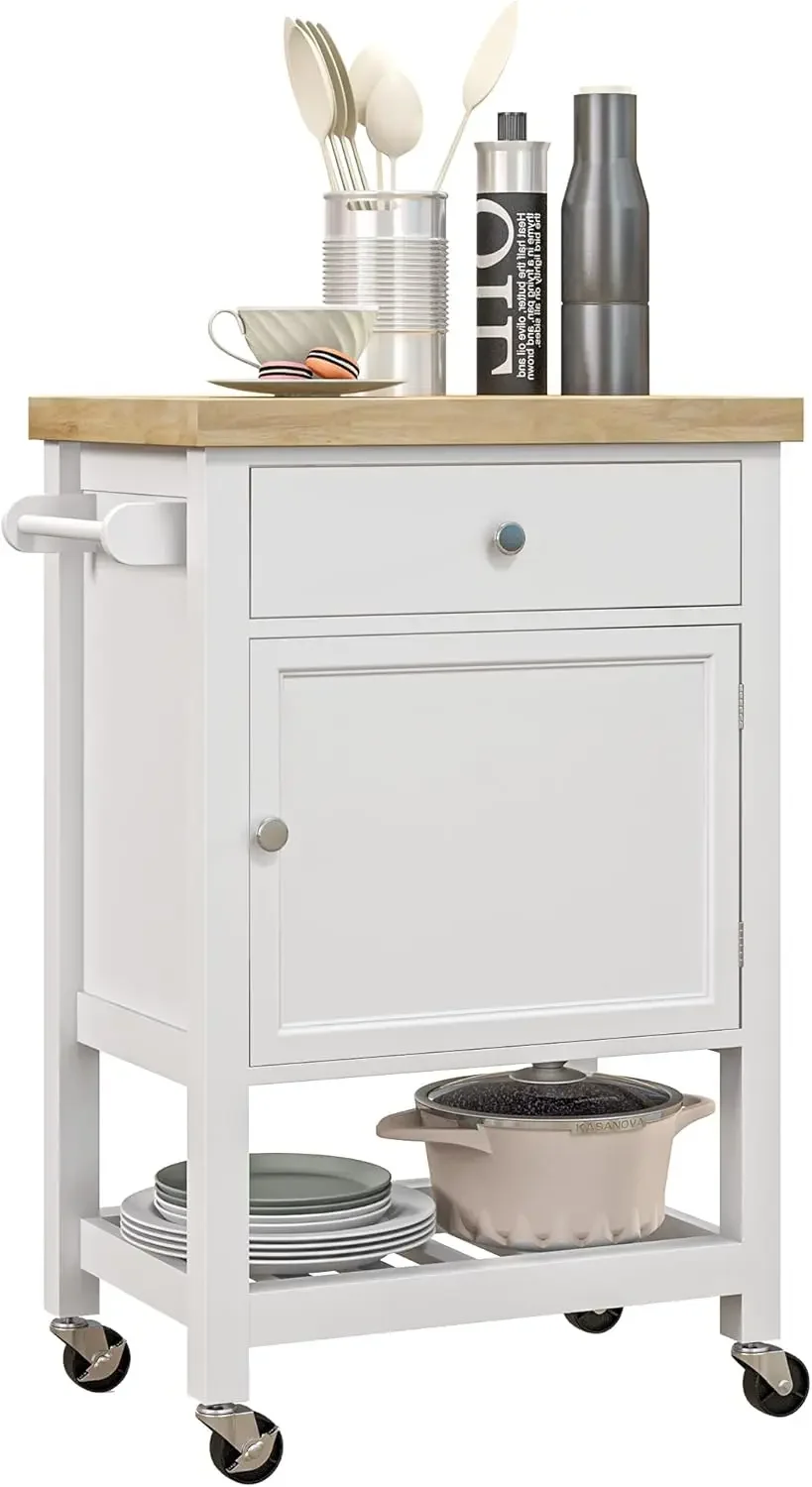 Rolling Kitchen Island with Smooth Rubberwood Top, Narrow Butcher Block Surface on Wheels with Storage Drawer , White