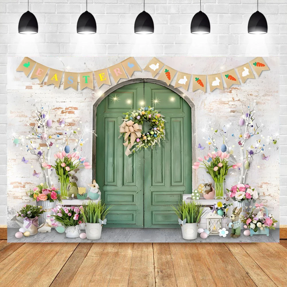 Frühling Ostern Tag Eier Blumen Fotografie Prop Kaninchen Grün Rasen Holz Bord Baby Party Foto Hintergrund Familie Foto Hintergrund