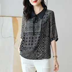 Simplicity Office Lady Summer Women's POLO Collar Printing Lacing Korean Fashion Elegant Loose Half Sleeve Chiffon Shirt Tops