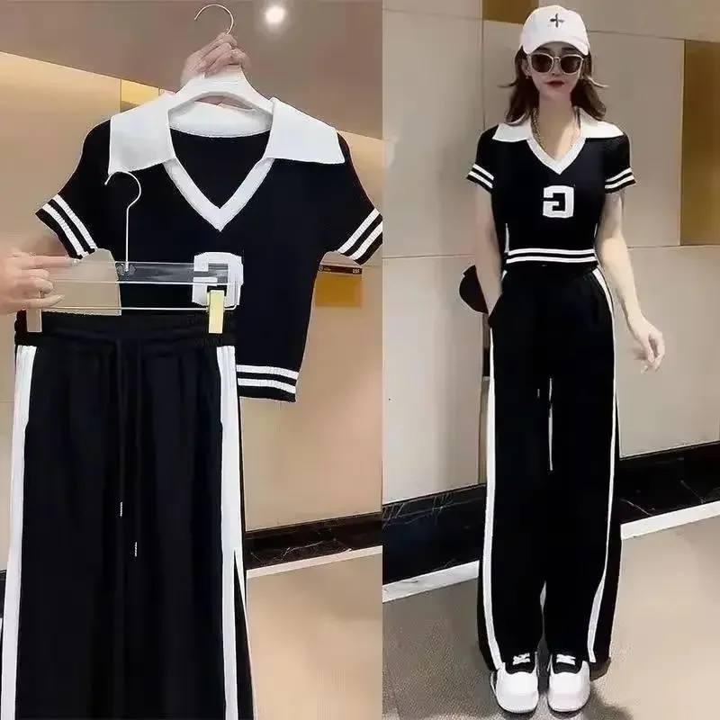 

Women's Casual Knitted Sweet Suit 2025 Summer New Crop Top And Slim Short Sleeved T-shirt Wide Leg Pants Two Piece Set For Women