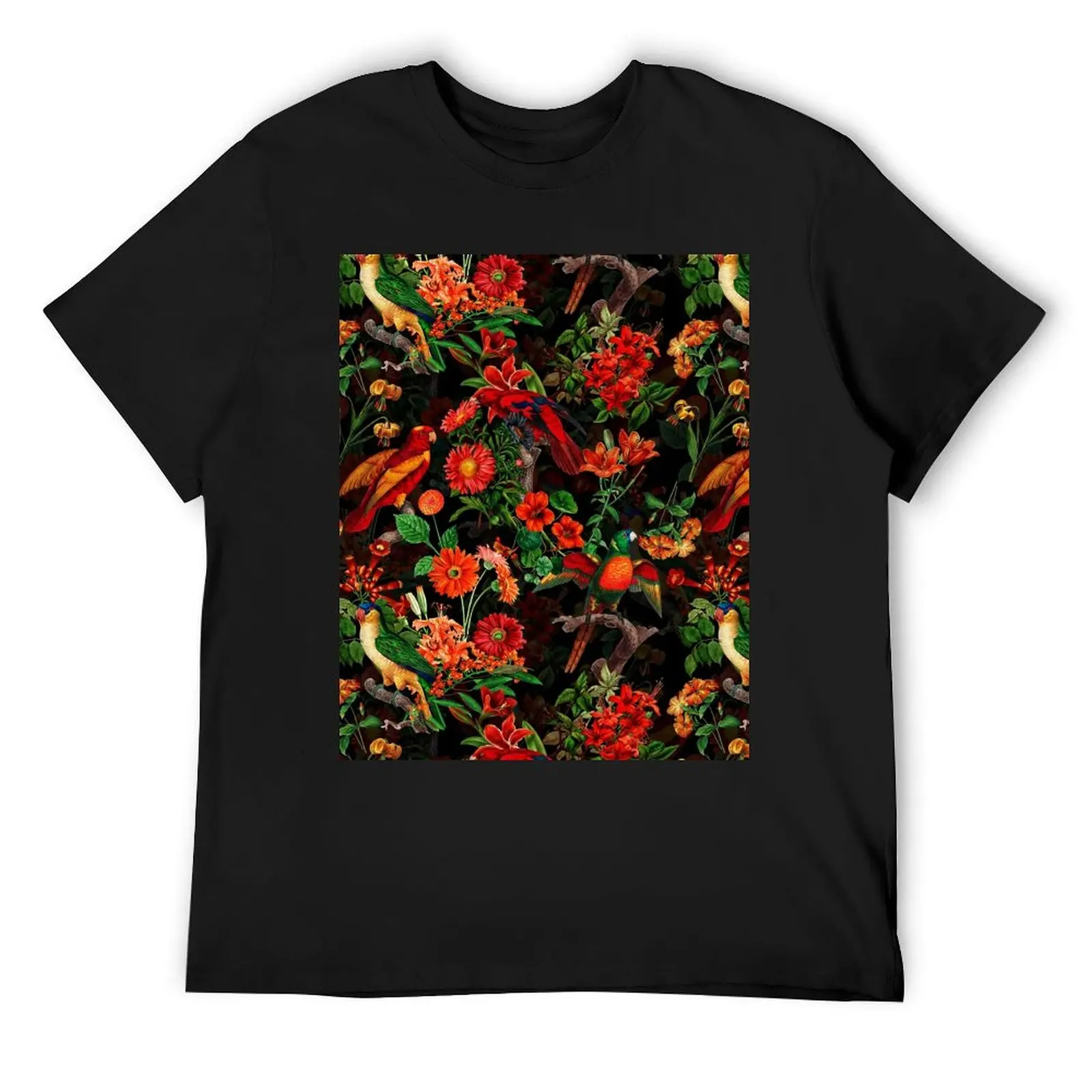 Pierre Joseph Redoute tropical vintage flowers and parrots nostalgic Botanical Night Garden mystic pattern T-Shirt