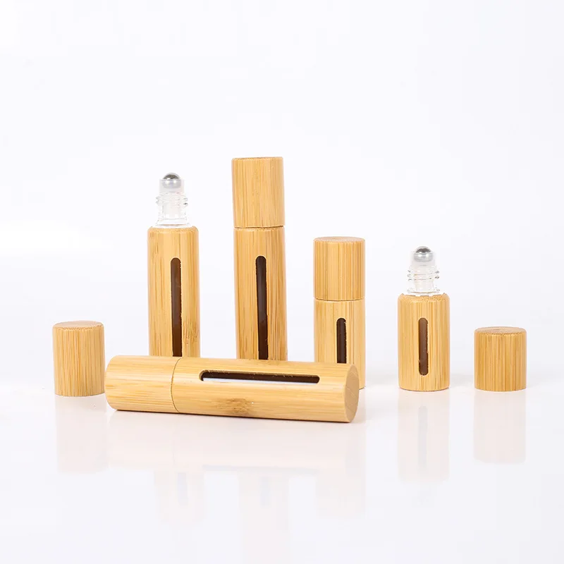 100pcs Bamboo Roll On Bottle 3/5/10ml Wood Roller Bottle Essential Oil Lip Gloss Refillable Tube Empty Jar Glass Bottle Perfume