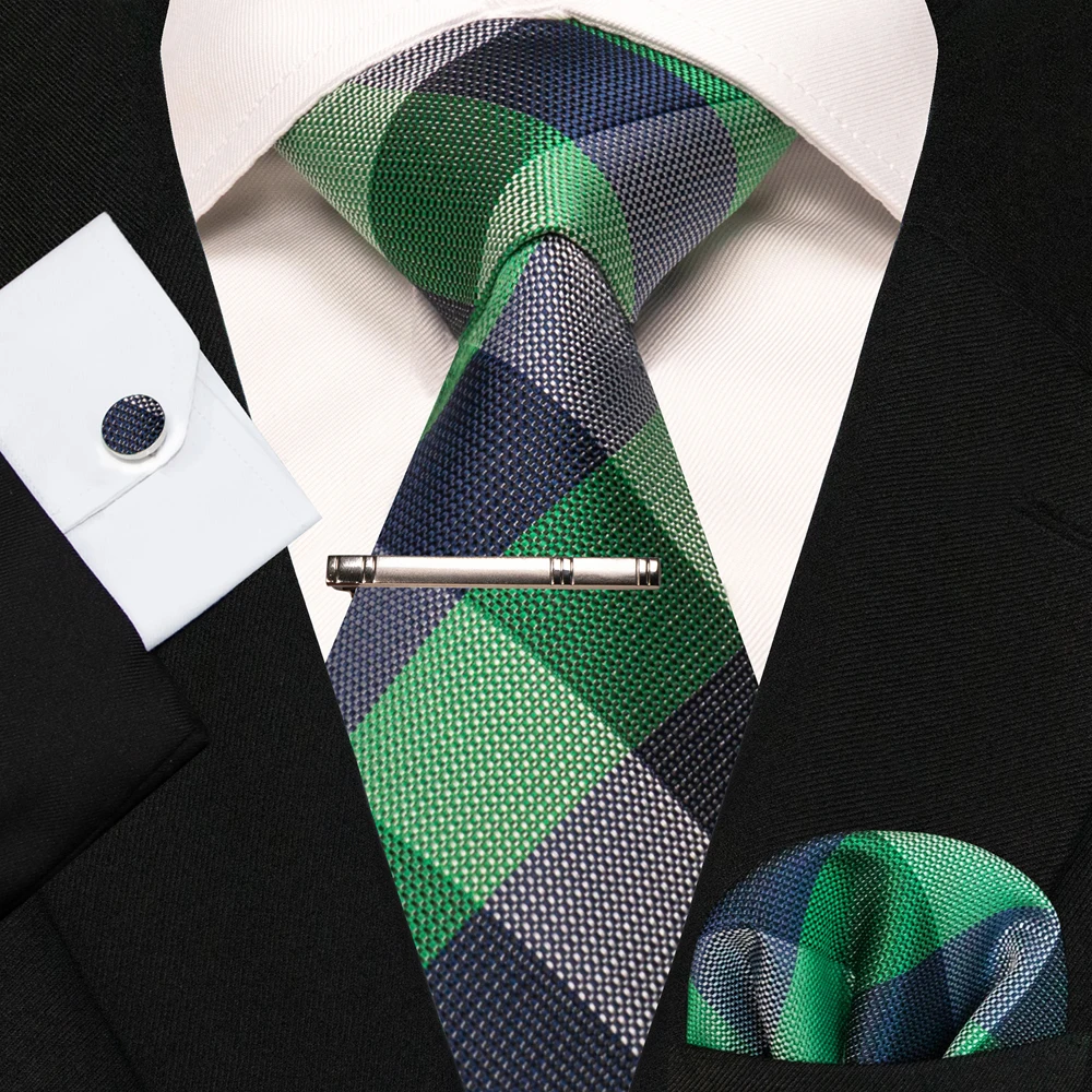 8cm Seidenkrawatten für Herren, grün-schwarze Krawatten, kariert, gestreift, Krawatten-Set mit Einstecktuch, Manschettenknöpfen und Krawattenklammern, für Hochzeit, Business, Party. – Detail 34