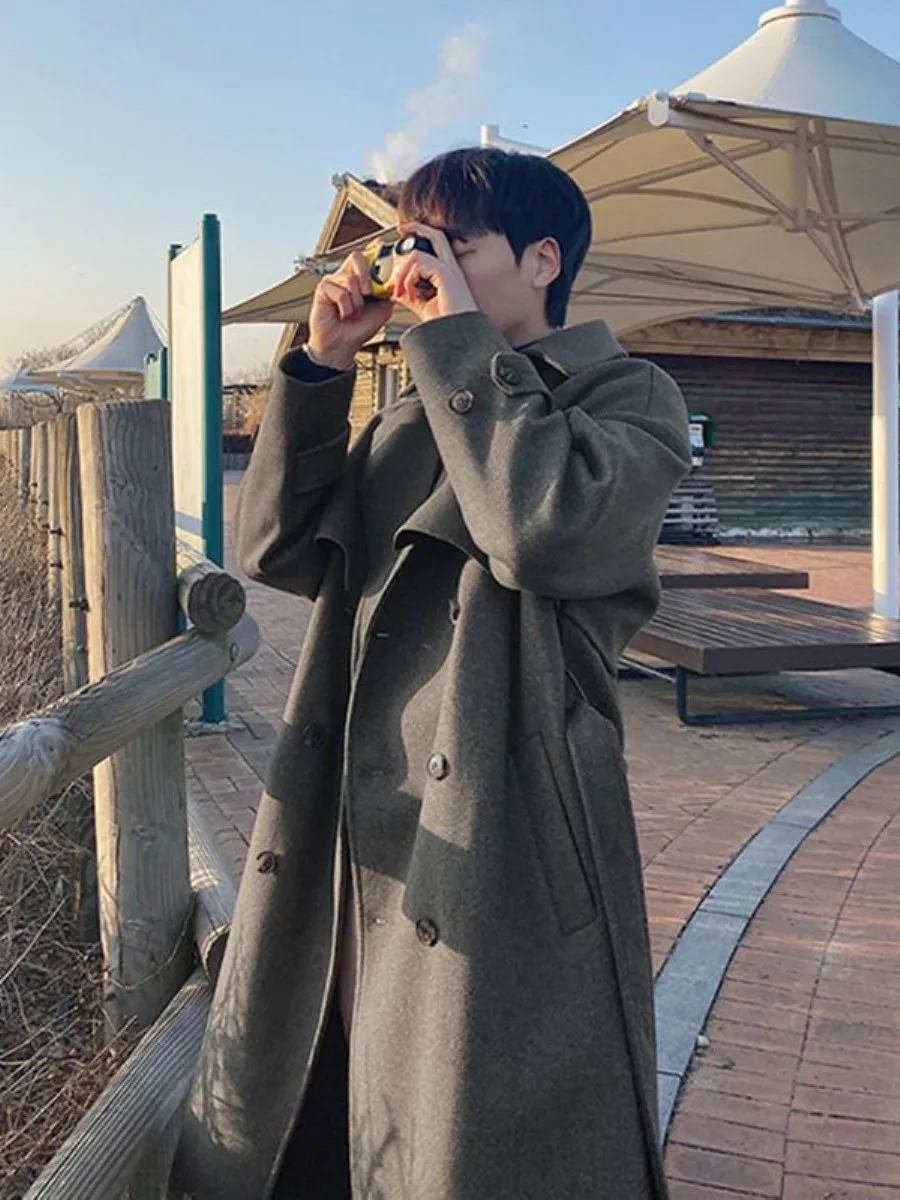 

Мужское утепленное шерстяное пальто средней длины в британском стиле, корейская версия, ветровка свободного кроя, выше колена, осенне-зимняя верхняя одежда