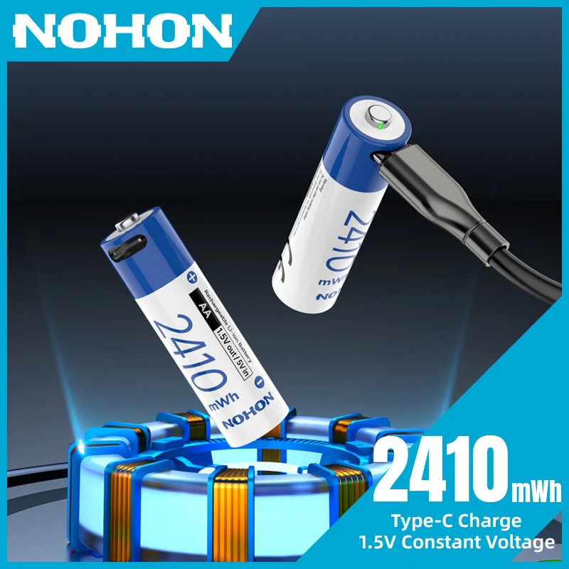 

NOHON AA 2410mWh Rechargeable Batteries 1.5V Li-ion Battery for Toy Remote Control Doorbell Blood Pressure Monitor Clock Mouse
