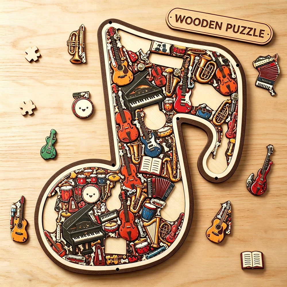 Wooden Musical Note Jigsaw Puzzle, Unique Musical Instrument Shaped Wood Puzzle, Eco-Friendly Handmade Craft Puzzle Toy for Adul