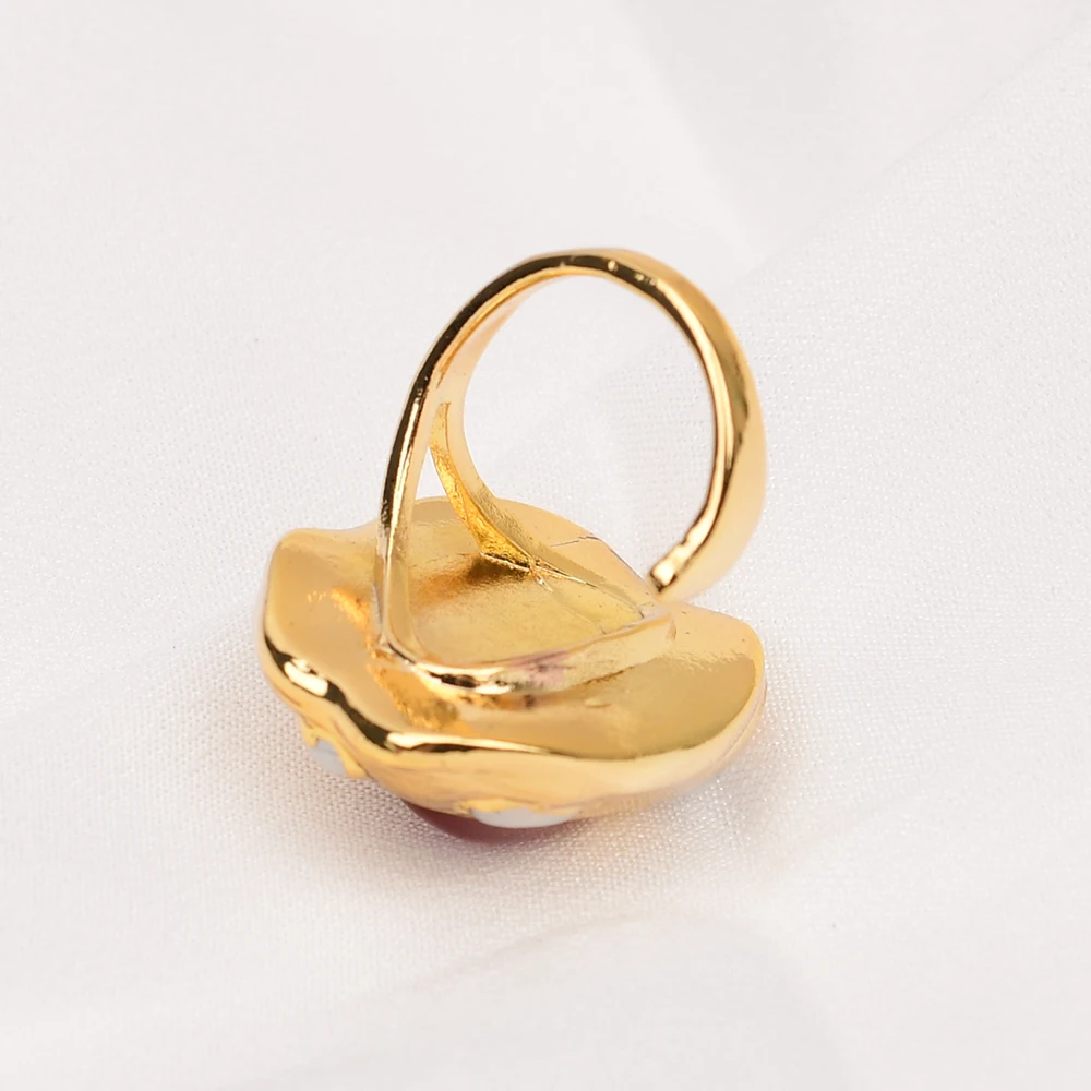 GG Natural Pink Cat Eye Stone Gold Edge Plated White Pearl Paved Rings Adjustable Gem Rings For Lady Gifts
