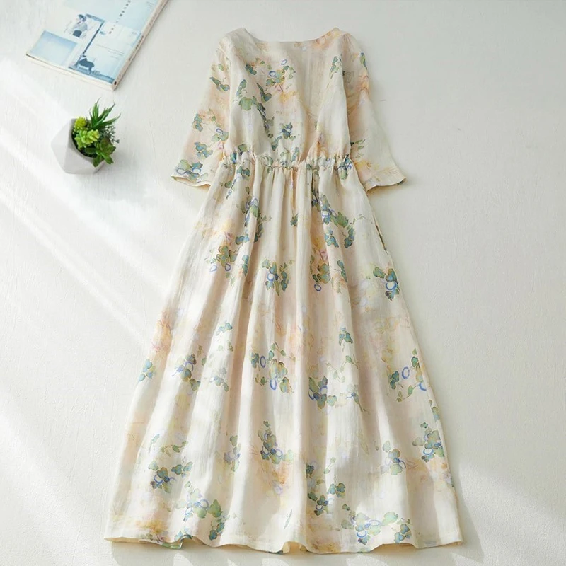 Cotton Blended Floral Print Dress Women's Summer New Retro Chic Elegant Beach Dress Drawstring Long Bohemian Holiday Sundress