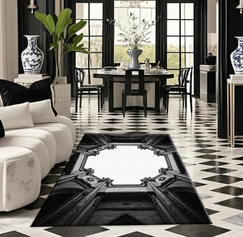 Black and White Gothic Arch Architecture Carpet Retro Gorgeous Architectural Art Print Square Carpet Suitable for Home Interior Decoration