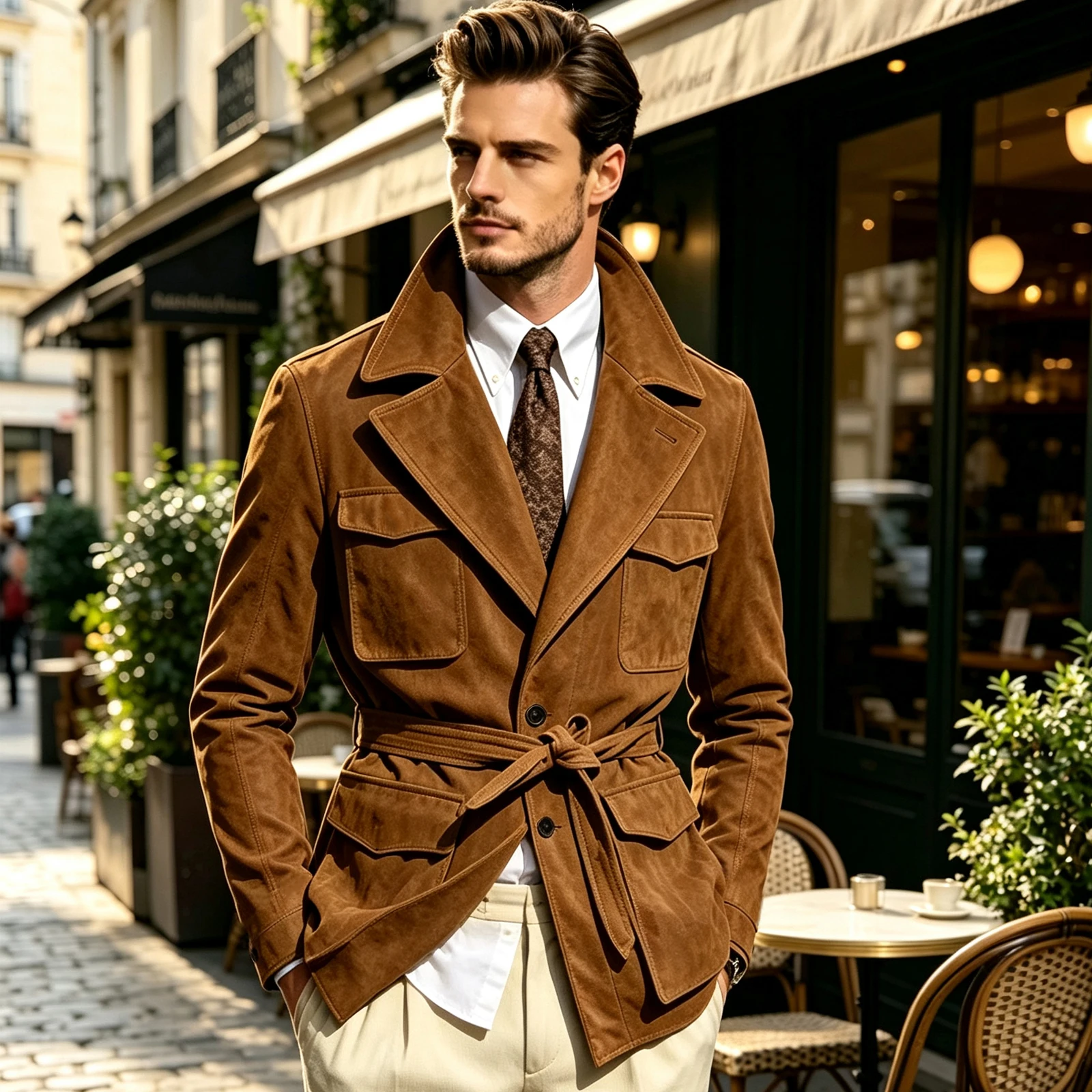 Men's Suede Safari Jacket With Belt Notched Lapel Multi Pockets Casual Blazer Slim Fit Business Outerwear Autumn Winter