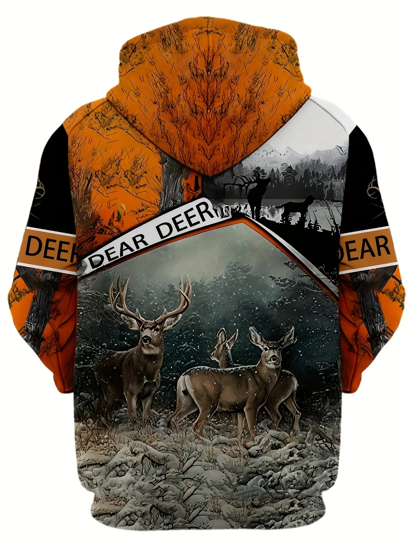 3D Full Print Deer Hoodie Men Back Wildlife Buck Forest Dear Deer Text Outdoor Hunting Drawstring Loose Casual Hooded Sweat Top