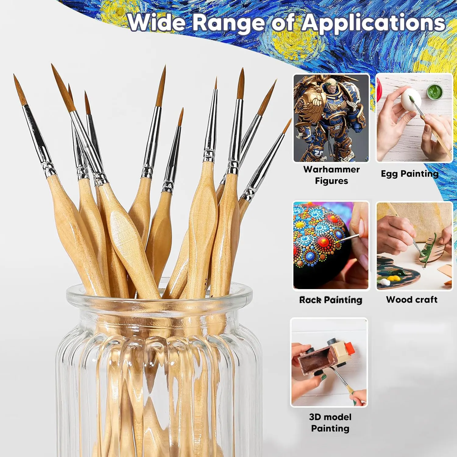 11pcs Premium Miniature Detail Paint Brush Set With Natural Wood Triangle Rod For Watercolor Oil Craft Models Line Drawing Great