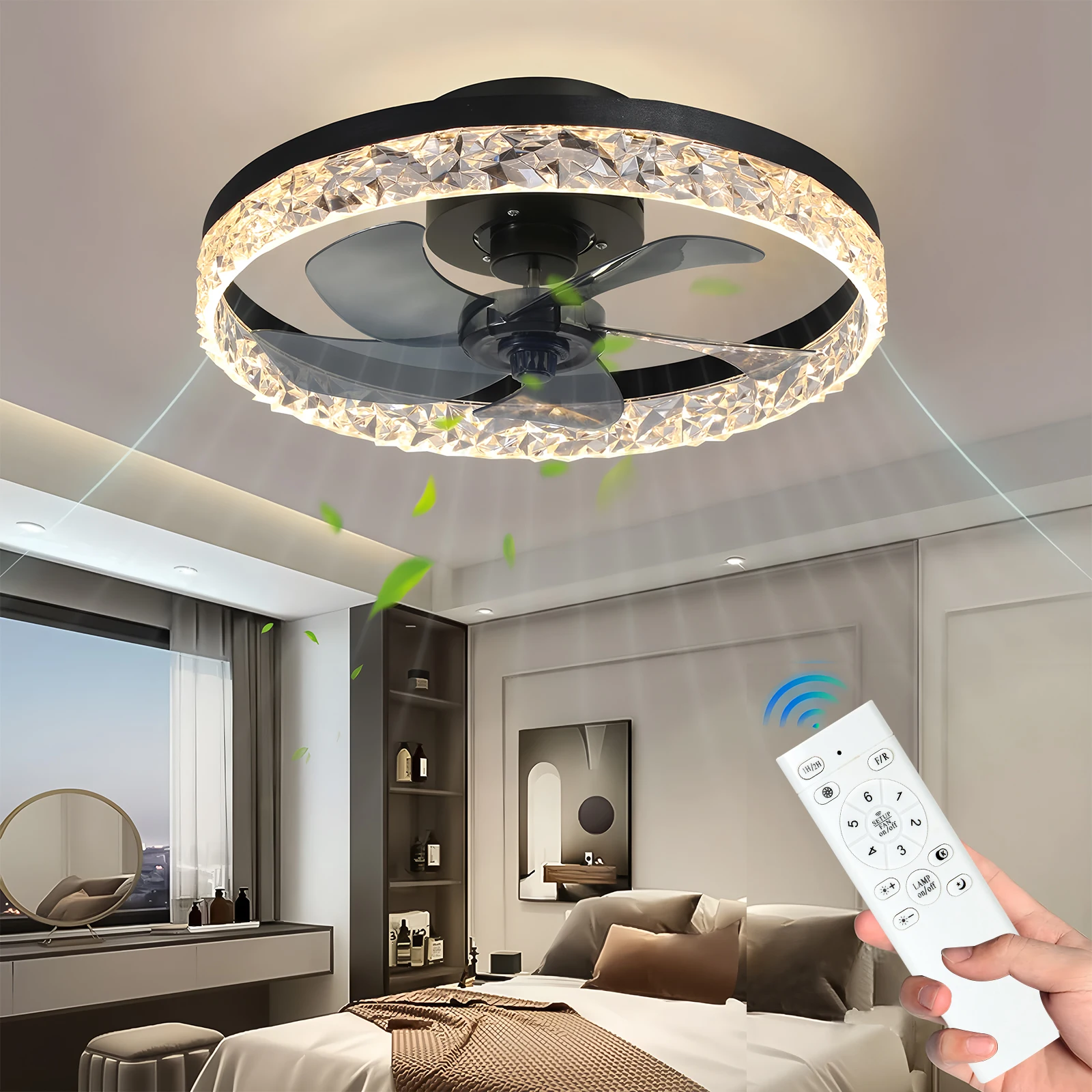 

Minimalist Ceiling Fan with LED Light Remote Control Dimming Crystal Round Ceiling Fan Lamp 50CM Silent Energy-saving Fan Lamp