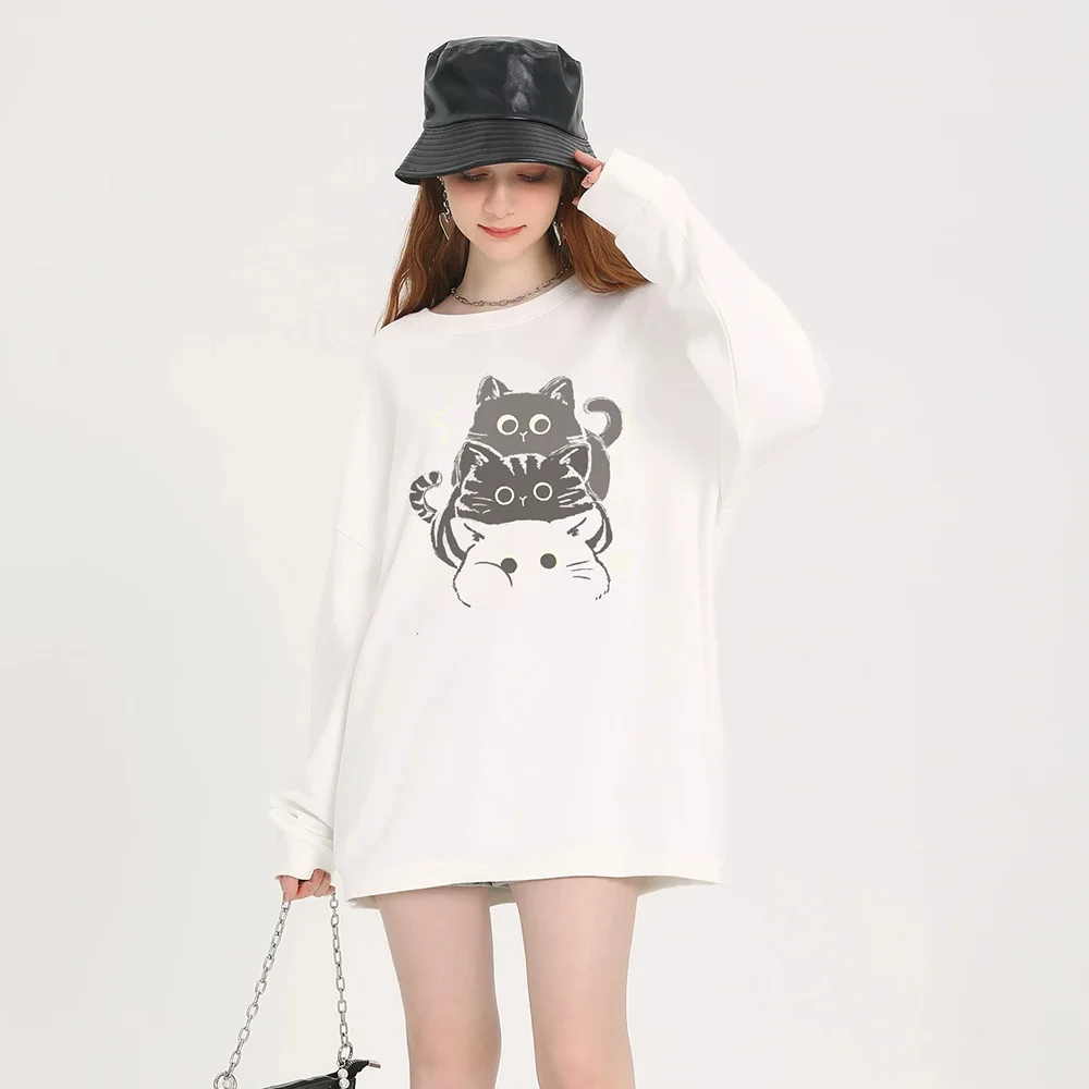 New Women Solid Color Cat Print Loose T-shirt Spring Autumn Fashion O-Neck Long Sleeve Casual Daily T-shirt Basic Pullovers