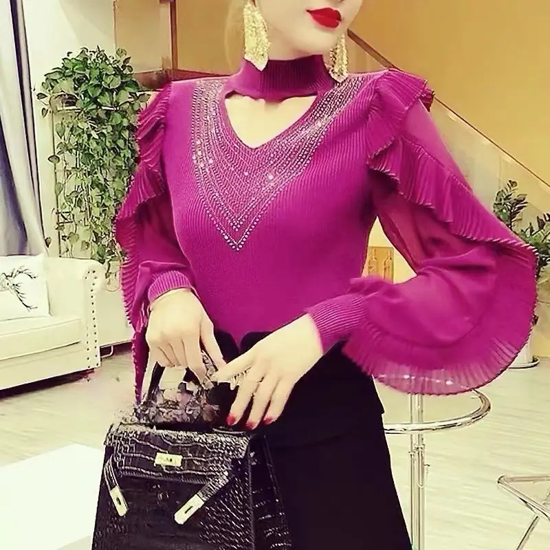 Women's Autumn Winter Fashion Solid Color Half High Neck Hollow Rhinestone Ruffle Edge Long Sleeve Slim Fit Sweater Shirt Tops