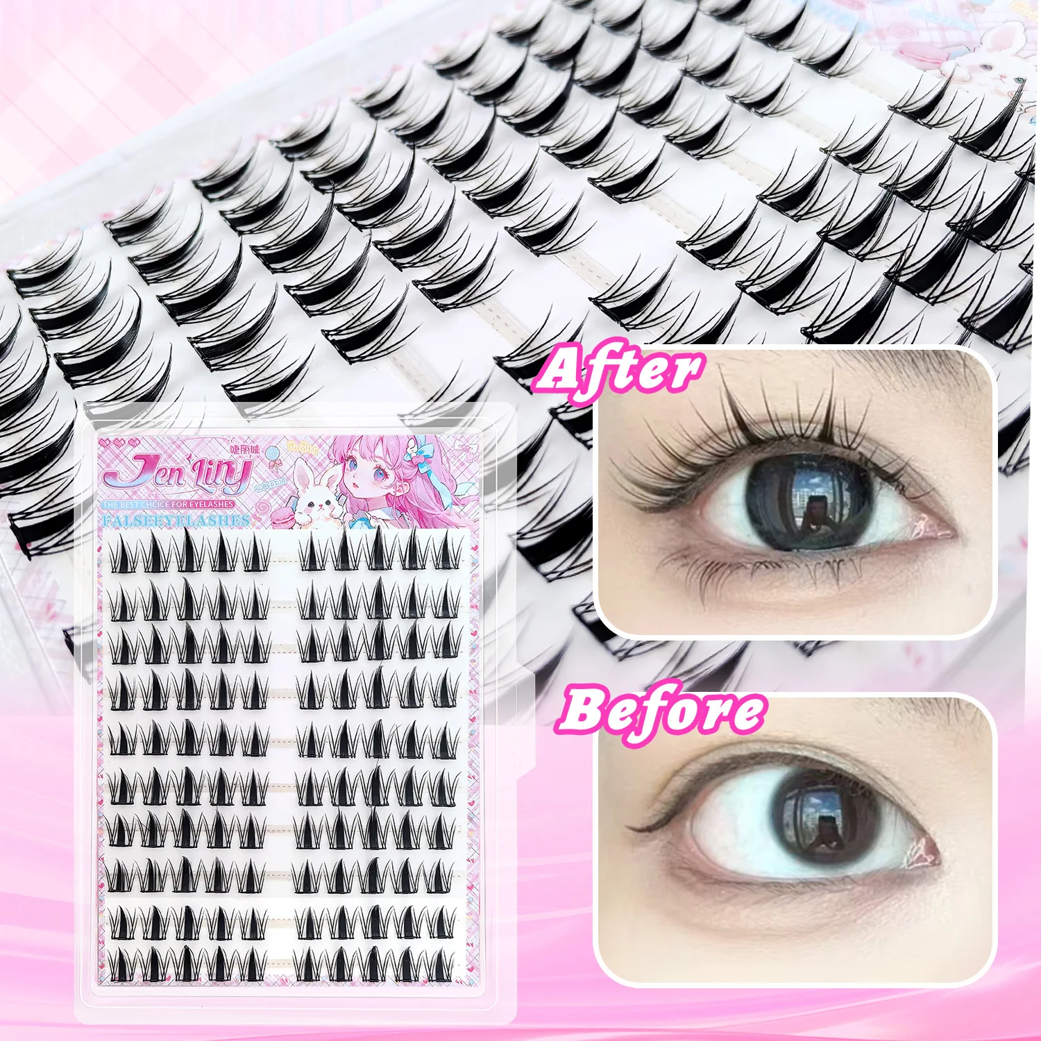 100 pezzi di ciglia finte senza colla Little Rabbit, facili da applicare, adatte ai principianti, riutilizzabili, morbide e confortevoli per il trucco quotidiano