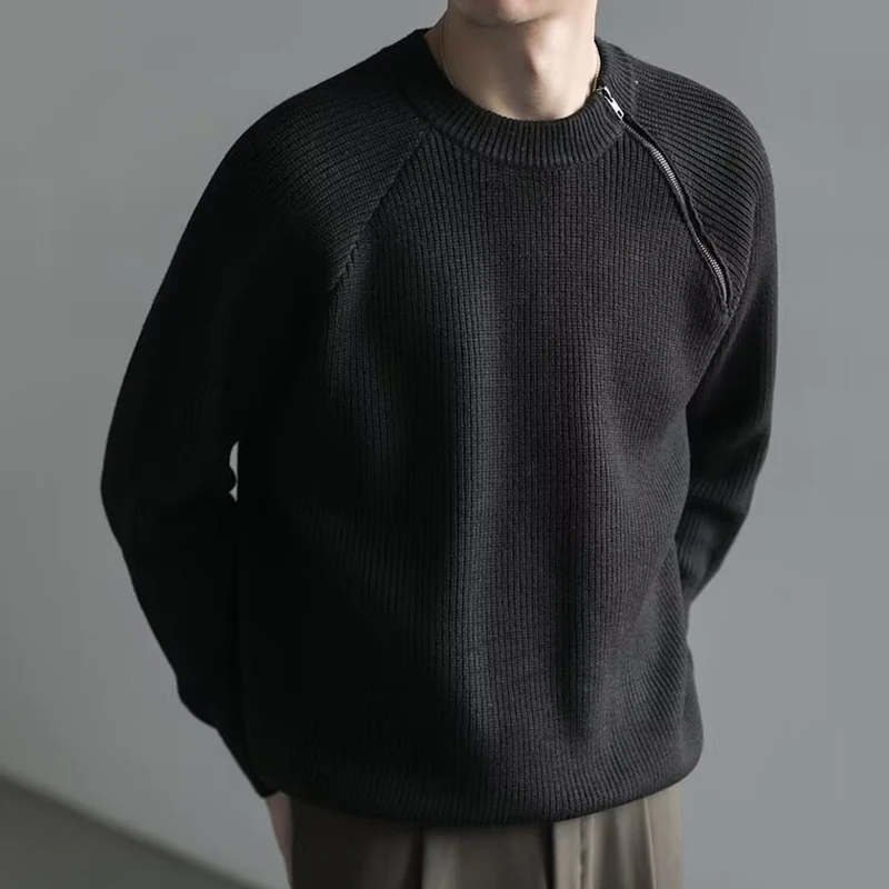 

Autumn Winter Men's Solid Color Sweater Knitwear Korean Style New Zipper Design Round Neck Pullover Jumpers Sweaters Male Knit