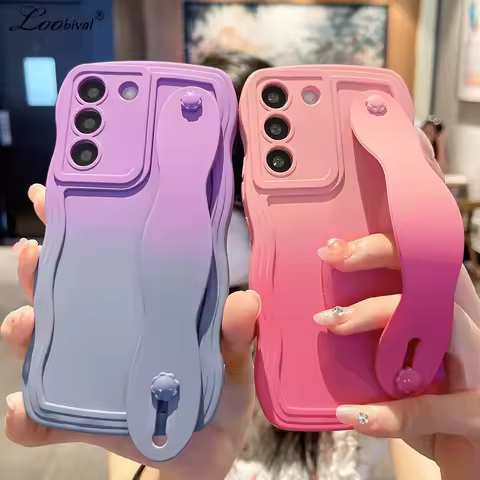 Gradient Curly Wristband Case for Samsung Galaxy S23 S24 Ultra S21 S22 Plus S20 FE A54 Stand Wave Wrist Strap Bracket Soft Cover