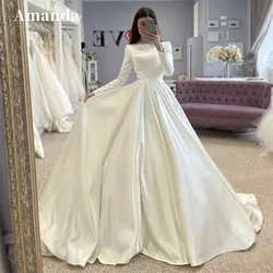 Amanda Satin Long Sleeve Ball Gown Wedding Dress Modest Ivory Vestidos De Novia Silk Satin فستان الزفاف