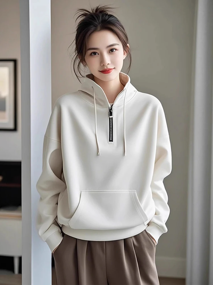 New Women Plus Velvet Sweatshirt Autumn Winter Fashion Zipper Turtleneck Long Sleeve Loose Pullover Casual Basic Sweatshirt