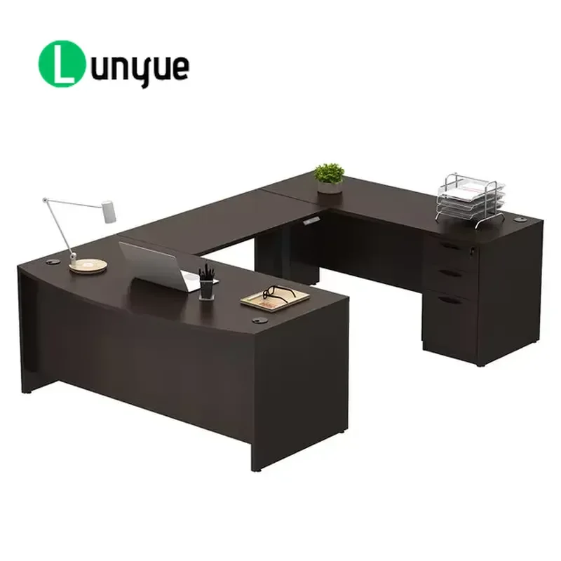 Luxury Solid Wood U Shaped Desk Set Automatic Height Adjustment Modern Ergonomic Design with Locker Free Standing Office