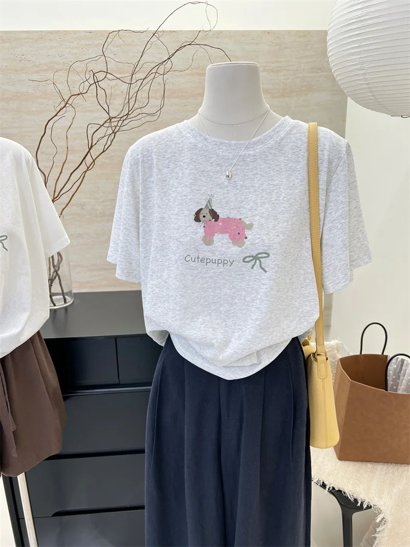 

American Retro Cartoon Print Short Sleeve Women's T-shirt Summer 2024 New Design Loose Shoulder Top Korean Style Cotton Blend