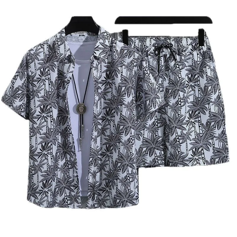 Summer Short Sleeved Shirt Casual Button Up Collar Top Loose Hawaiian Flower Shirt Men's Printed Short Sleeved Shorts