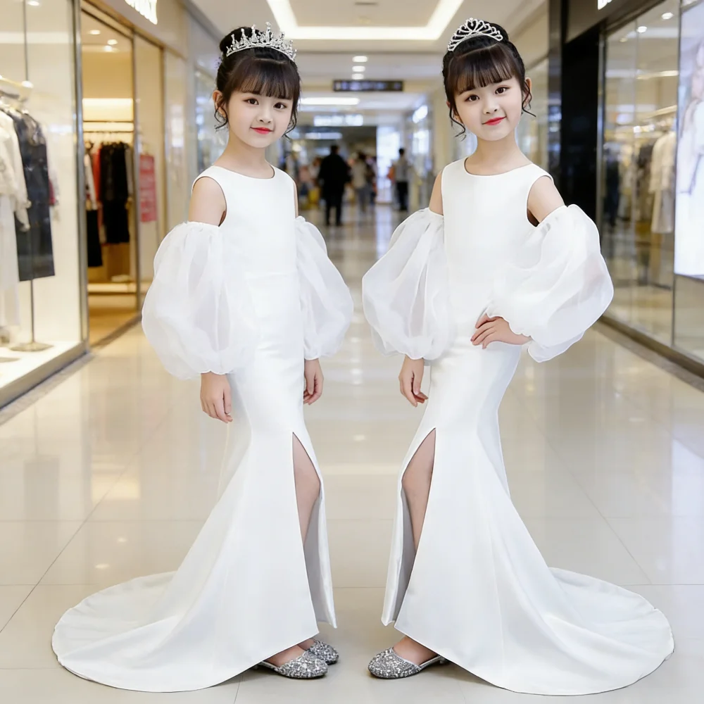 White Girls Strapless Mermaid Dress with Train Formal Party Celebration Costume Eid Gifts Princess Gown Kids Host Performance