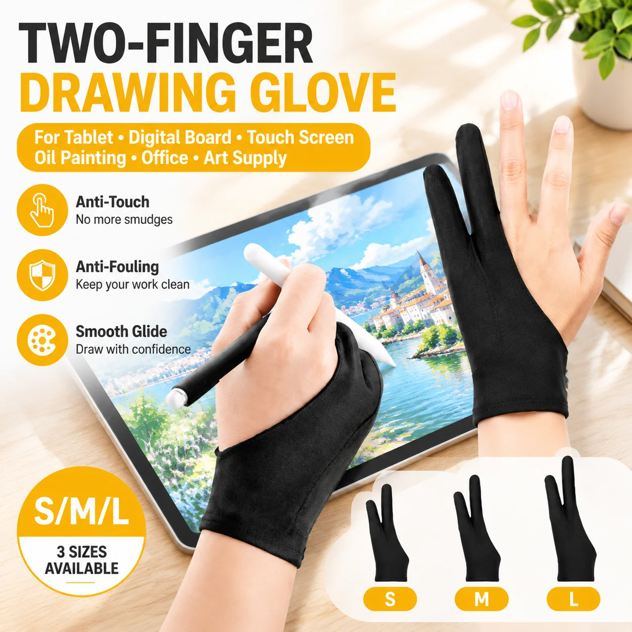 Two-Finger Drawing Glove S/M/L Anti-Touch Anti-Fouling for Tablet Digital Board Touch Screen Oil Painting Office Art Supply