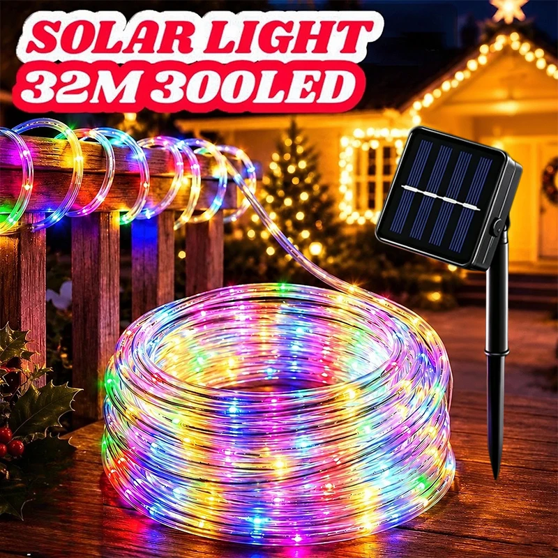 300/200/100/50 LED Solar Powered Tube Light String with 8 Lighting Modes Solar Rope Lights for Halloween Christmas Garden Decor