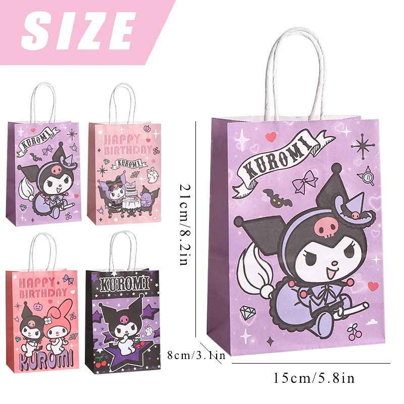 12pcs Kuromi Kraft Gift Bags with Handles Cute Melody Themed Party Dceorations Baby Shower Kids Birthday Party Favors Paper Bags