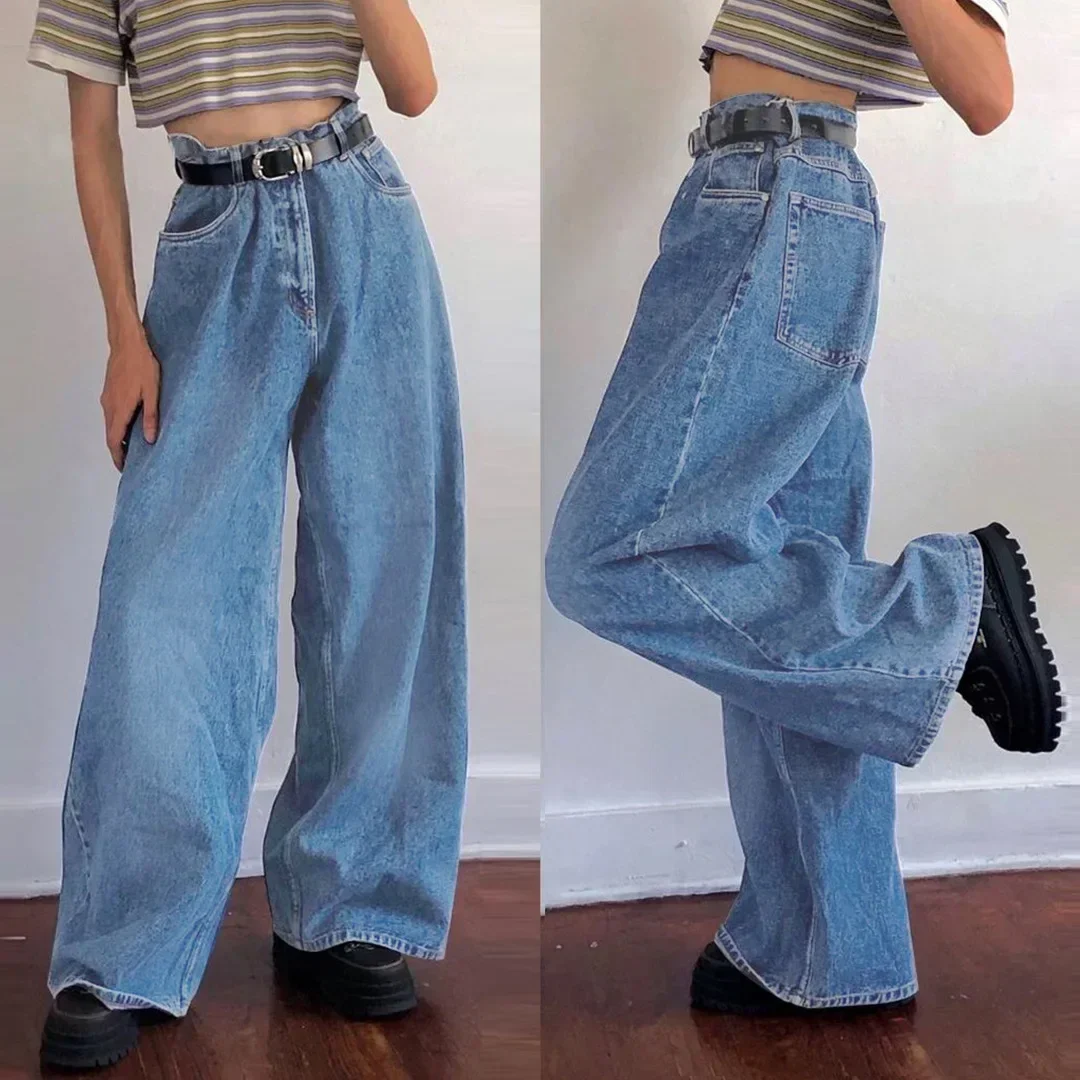 Women Jeans Ankle Length Flare Pants High Waist Zipper Fly Denim Washing Loose Fit Pockets Basics 2025 Solid Casual Spliced