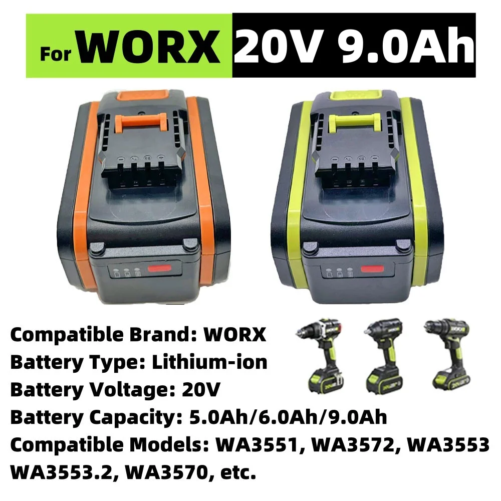 For Worx 20V 9.0Ah Rechargeable Li-ion Batteries WA3553, WA3551, WA3553.1 and WA3570 for all Worx power and garden tools