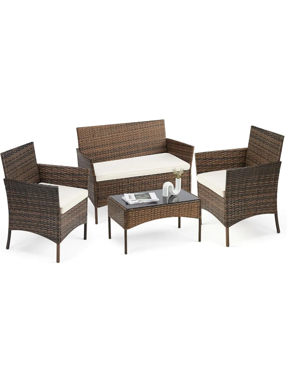 

Patio Furniture Set 4 Pieces, Outdoor Furniture with Soft Cushion and Glass Table, All Weather Manual Weaving Wicker