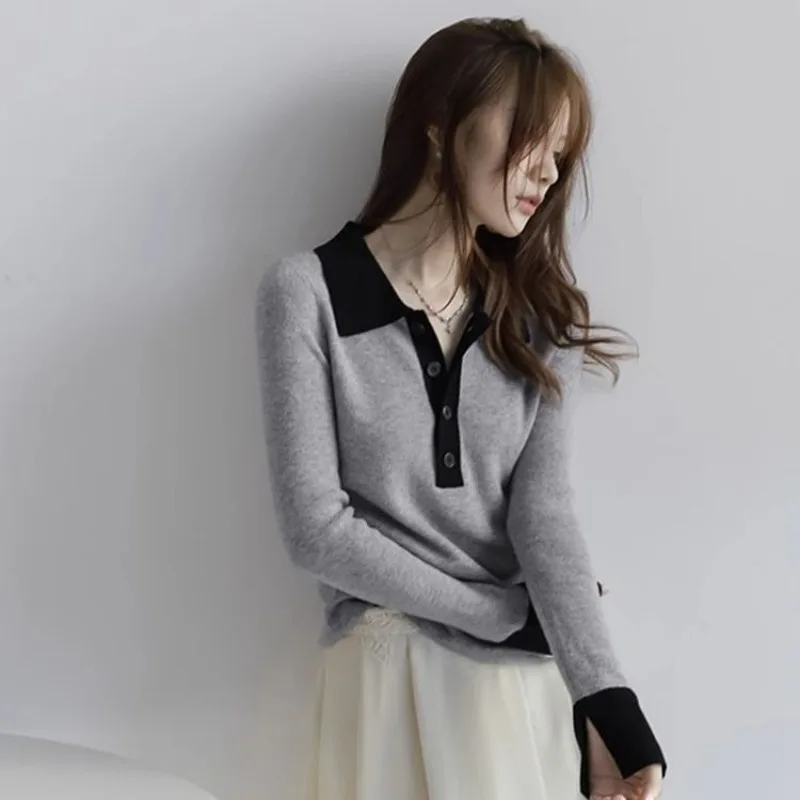 Long Sleeve Female Tee Knitted Button Women\'s Polo Shirts Contrasting Colors T-shirts Youthful Clothes Pretty Polyester on Offer