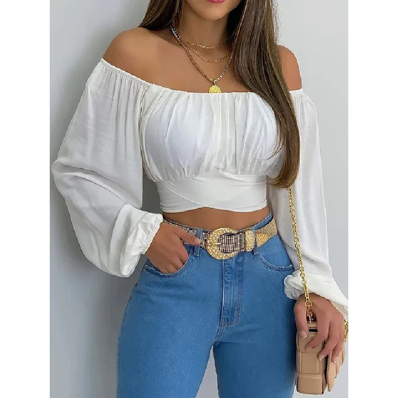 Women Sexy Off Shoulder Printing Blouses Chic and Elegant Lantern Long Sleeve Lace Up Bow Cropped Tops Casual Slim Shirts