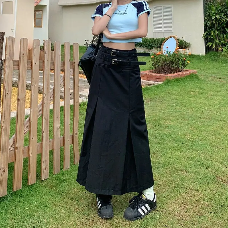 Gray Midi Pleated Skirts For Women Summer 2025 High Waist A Line Maxi Zipper Skirts For Office Lady Long Wide Skirt Woman Black