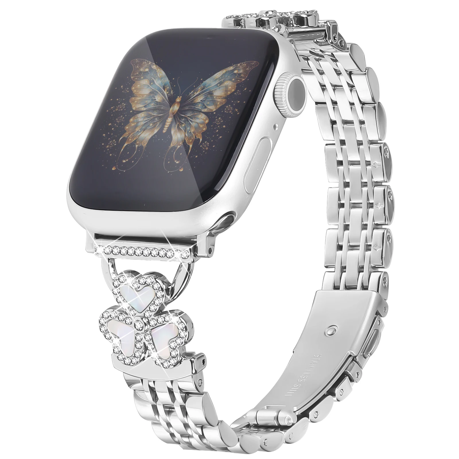 Silver Heart Clover Metal Band for Apple Watch Ultra 3 2 1 49mm  /  Series 11 10 46mm  /  9 8 7 45mm  /  SE3 SE2 SE 6 5 4 44mm