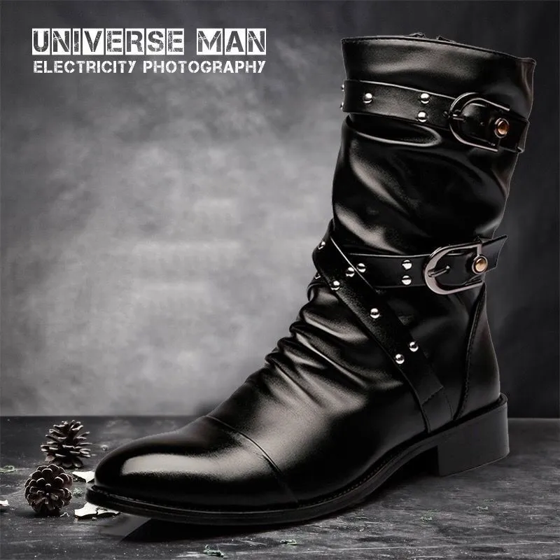 Winter Pointed Toe Men\'s Mid-calf Boots Buckle Strap Chelsea Boot for Men Leather Mens Motorcycle Boots High Top Man Winter Shoe