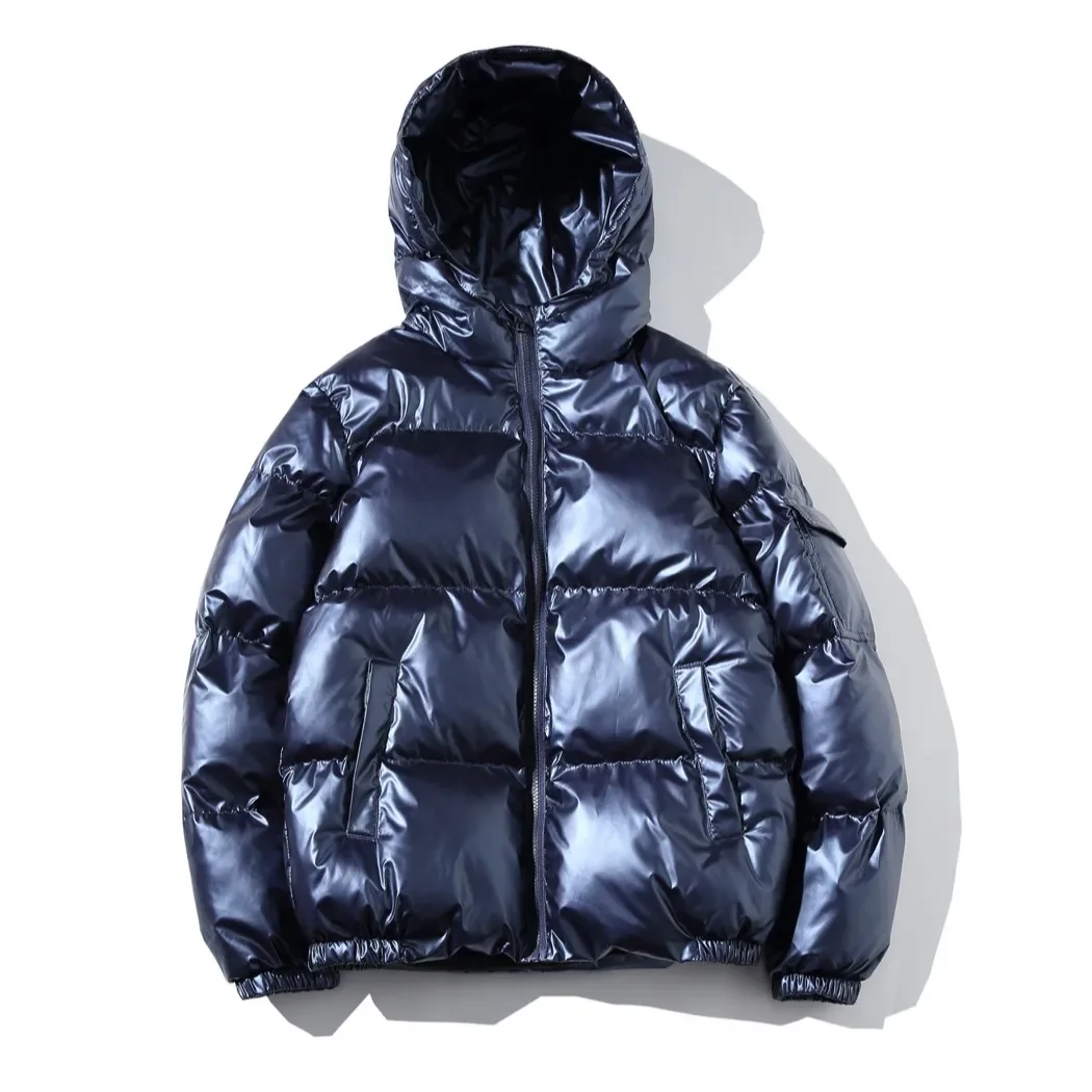 Parka masculina com capuz metálico lustroso, jaquetas quentes, casacos de algodão acolchoados, prateado e preto, outwear de inverno, novíssimo, 2023