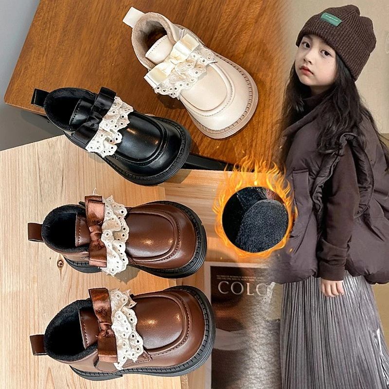 

Children's Padded Leather Shoes 1-18 Years Old Girls Cotton Shoes Dark Brown Soft Non-slip Kids Mary Jane Shoes Baby Short Boots