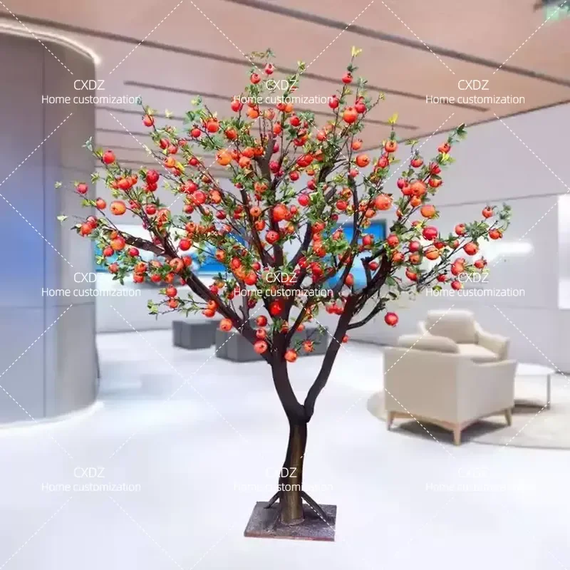 Large Artificial Pomegranate Tree Solid Wood Trunk Fake Fruit Plant Floor Standing Decorative Ornament for Home Office