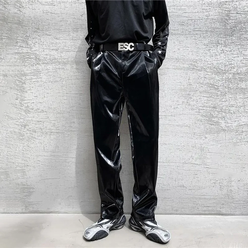 Mens Leather Pants Classy Trendy High Street Black Straight Motorcycle Pants Punk Style Chic Stage Trousers Men\'S Wear 2024