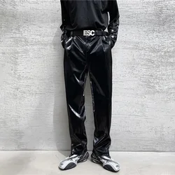 Mens Leather Pants Classy Trendy High Street Black Straight Motorcycle Pants Punk Style Chic Stage Trousers Men'S Wear 2024