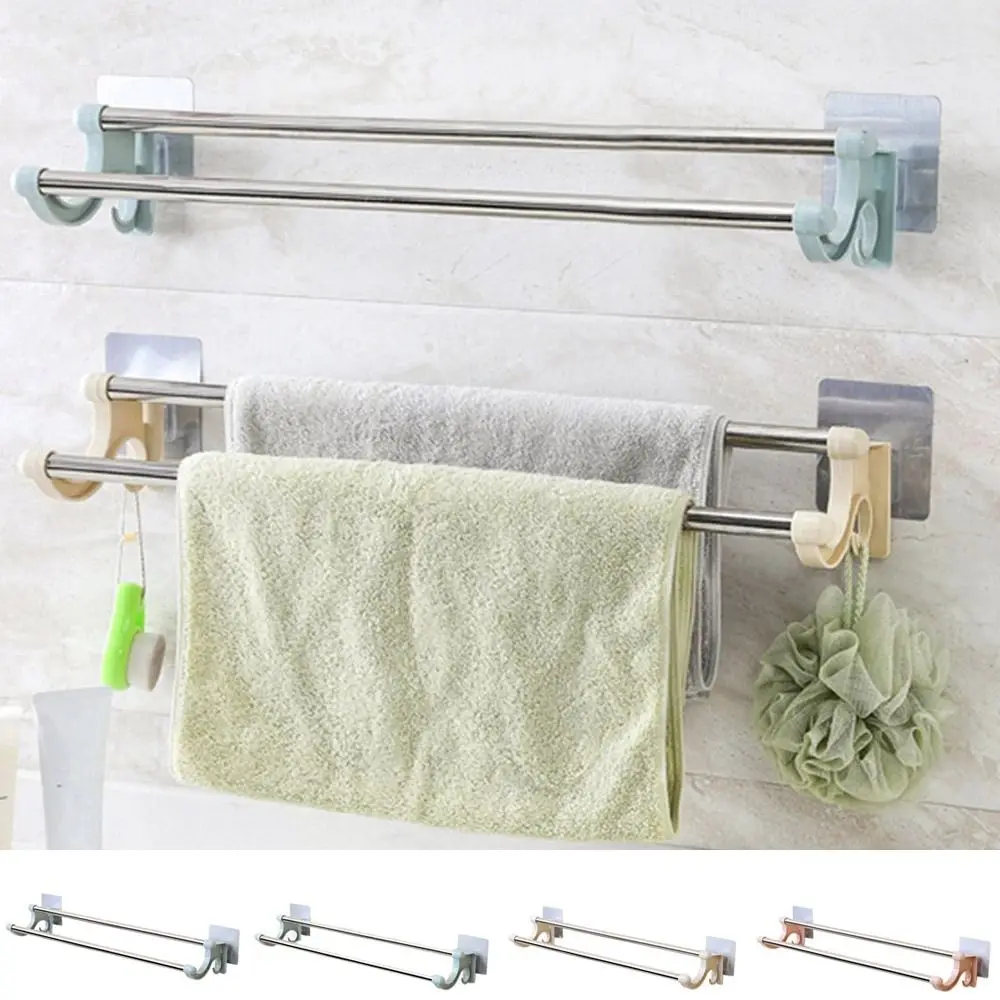 Punch-free Double Rod Towel Bar Traceless Wall Mounted Towel Rack Stainless Steel Space Saving Towel Storage Shelf for Bathroom