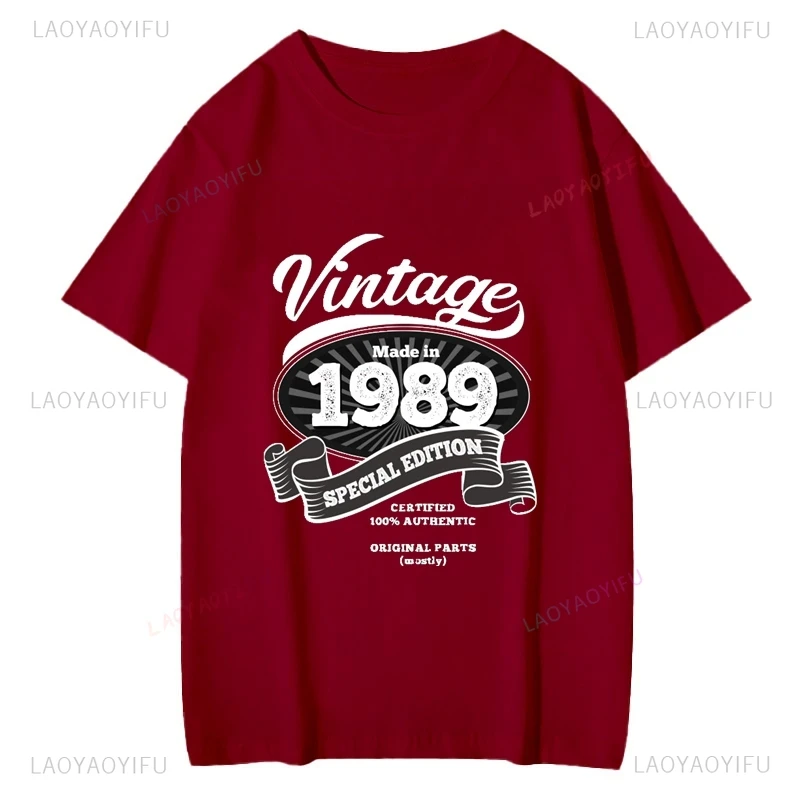 هدية تذكارية لعيد ميلاد 1989، بلوزة منقوشة على الطراز العتيق، قميص بأكمام قصيرة للجنسين، تي شيرت قطني للشارع اليومي