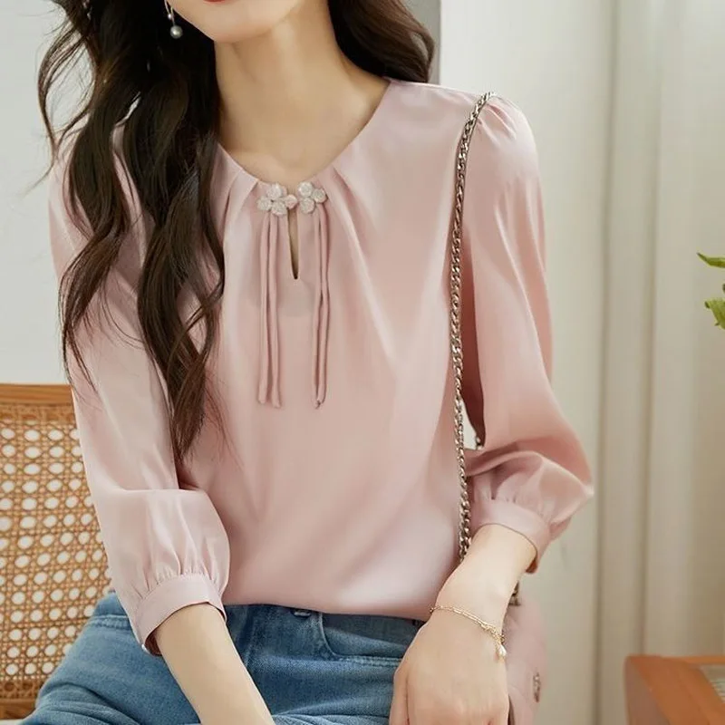 Fashion Solid Color Personality Bow Tie Blouse Women New Classic Long Sleeve O-collar Office All-match Lady Pullover Shirt