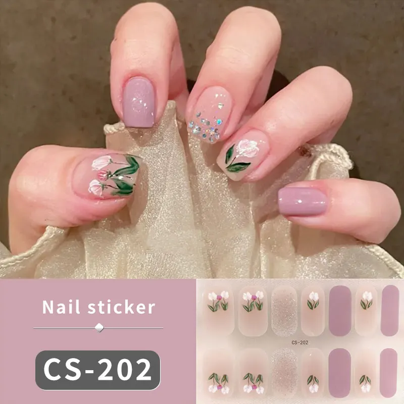 14 Tips Paars Glitter Bakken Gratis Gel Nagelstickers Bloemen Kleurverloop Zelfklevende Volledige Dekking Nagelwraps DIY Manicure Arts