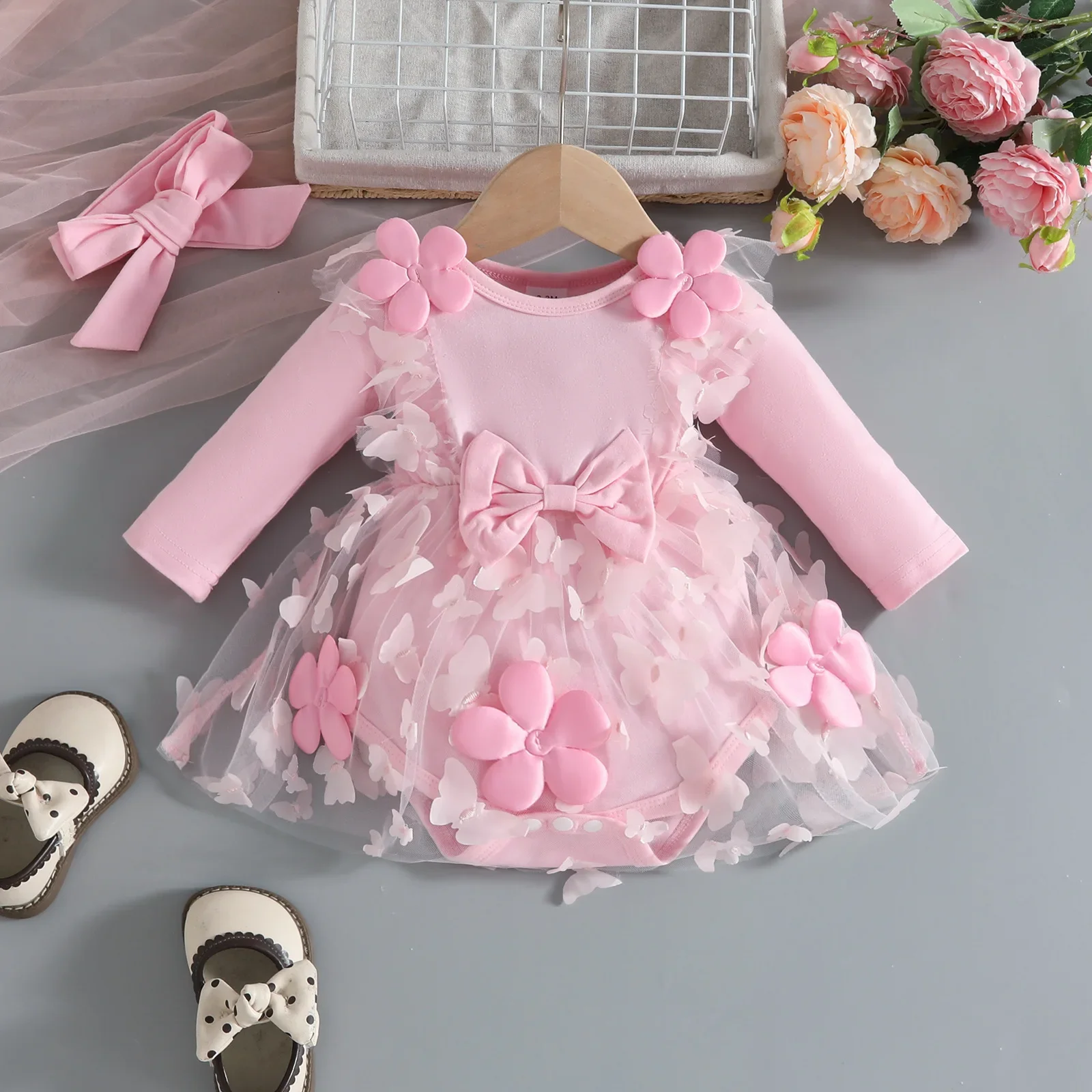 

Toddler Baby Girl Dress 0-18M Mesh Romper Dress Sets 3D Flower Applique and Bow and Headband and Party Infant Newborn Outfit
