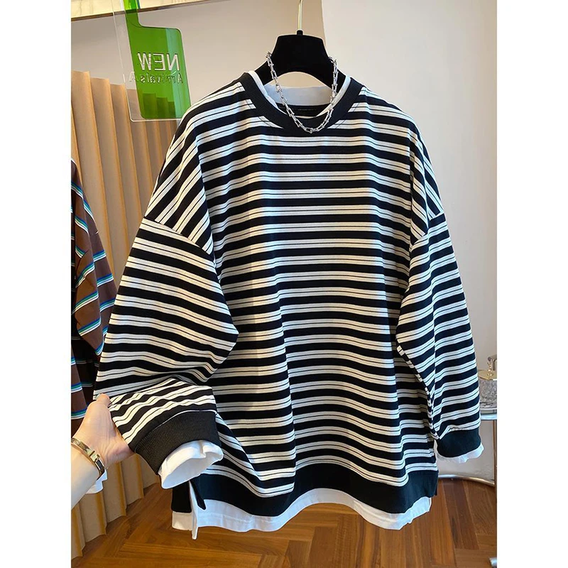 Winter Stripeed Print Men Long Sleeves T Shirts Teenagers Korean Fake Two Piece Loose Casual Harajuku Oversized Clothing Black